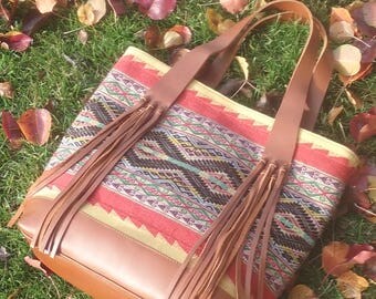 handmade leather and handwoven tote bag