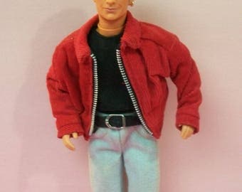 Luke Perry 90210 Dylan Mckay Mattel Doll In Faded Jeans, Black Shoes , T-shirt, Ribbed Red Corduroy Jacket Jointed 12" Doll Based On TV Show