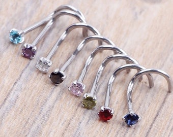 Silver 2mm Claw Set Curved Nose Stud -Choice of 8 Cubic Zirconia Colours BN