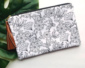 White Floral Padded Zipper Clutch