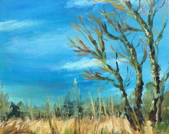 Acrylic Landscape Painting, Original art, Willow tree and rushes with blue sky, Early Spring bare branches, square canvas 40x40cm