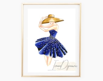 Blue flower Fashion Sketch Print,Flower Print,Fashion Illustration Wall,Art Print,Fashion Poster Home Decor,Flower Girl Bathroom Print