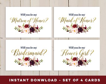 Will You Be My Bridesmaid Printable set, Printable Set Wedding Card, Flower Girl, Maid of honor, Matron Of Honor, bridal proposal card,