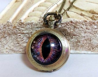 Hand-Painted "Galactic Chaos" Multicolor Dragon Eye on Antique Bronze Pocket Watch with Chain Necklace