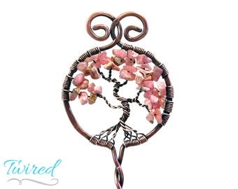Rhodochrosite and Antiqued Copper Tree of Life Hair Stick (6" Stem)