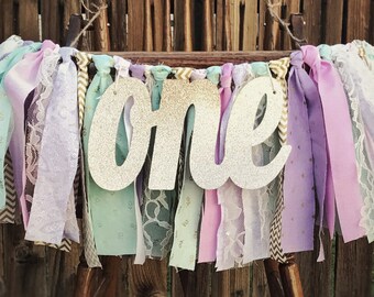Rag Tie Garland, ONE High Chair Banner, 1st Birthday Pink Decor, Photo Prop, Birthday Banner,