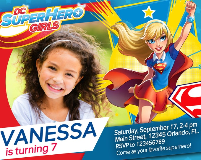 DC Super Hero Girls - SuperGirl - Invitation with photo - We deliver your order in record time!, less than 4 hour! Best Value