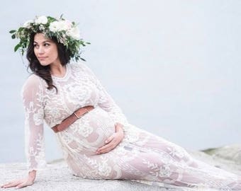 The "Jolie" lace maternity gown Dress, photography maternity dress, Lace Gown, Sheer Maternity, Pregnancy gown, Photography Prop,