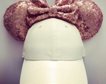 Lace Leatherette Cap Hat Mouse White Rose Gold sequin Ears mickey minnie inspired
