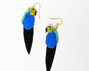 Parrots earrings exotic "Daphne" leather and feather