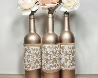 Wine Bottle Decor, Wine Bottles Decorated, Wine Bottle Vase, Wedding Wine Bottles, Rustic Wedding Decor, Rustic Wedding Decorations,