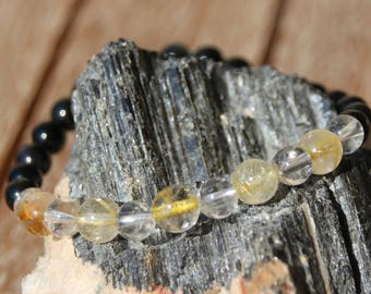 Obsidian, quartz and rutilated quartz bracelet