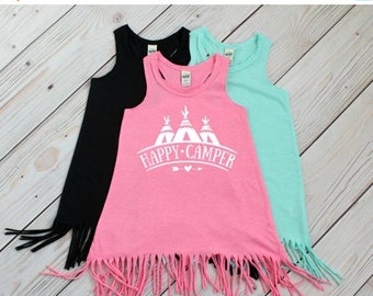 SUMMER SALE Happy Camper - Fringe Dress - Swimsuit Coverup - Baby Fringe Dress - Toddler Fringe Dress - Girls Fringe Dress - Tank Dress - Sw