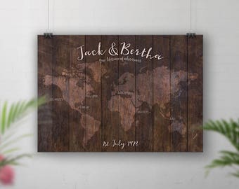 Rustic wood map print, Wood effect wall map, Personalised map, world travel map, Custom wall sign, 1st Anniversary gift, 40th Birthday Gift