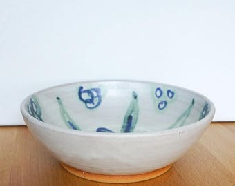 ON SALE Handmade Ceramic Bowl, Blue Green Handpainted Floral Design, Matte White Bowl, Modern Pottery, Gift for Her, Housewarming Gift, Grad