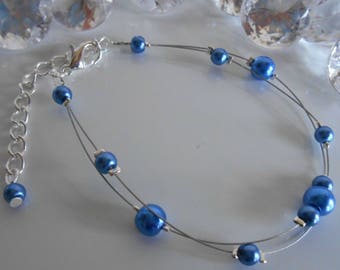Bracelet wedding 2 rows of pearly blue beads