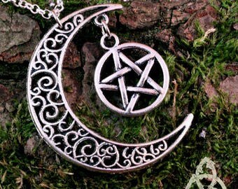 Elven necklace Moonstone and silver Pentacle - pagan wicca medieval Celtic fantasy - mariage - gn