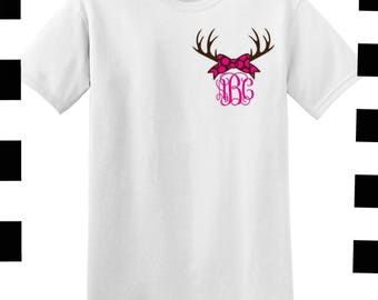 Womens monogrammed shirt with antlers and bow , left chest monogram tee , southern girl personalized t shirt , redneck shirt , gift for mom