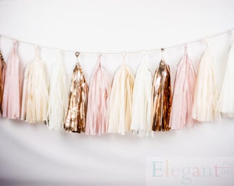 ASSEMBLED Tassel Garland Kit - Blush Pink & Gold - Champagne, Ivory, Nude, Rose Pink, Wedding Shower Tissue Paper Tassle Decor Balloon Tails