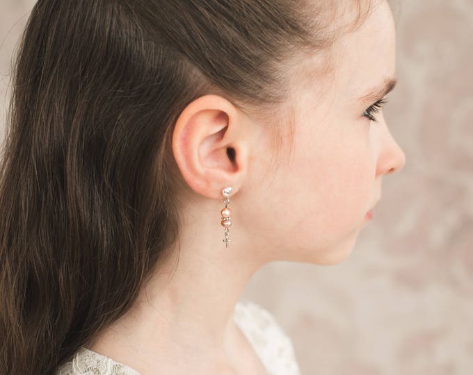 Freshwater Pearl Earrings, Silver Cross Earrings, Earrings for Little Girls, First Communion Earrings, Easter Earrings, Unique Birthday Gift