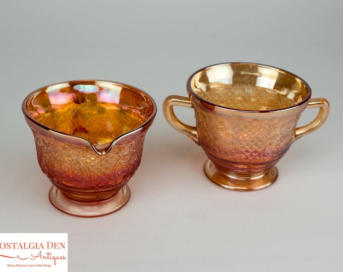 Vintage Footed Sugar and Creamer Set | Normandie Pattern | Iridescent Depression Glass