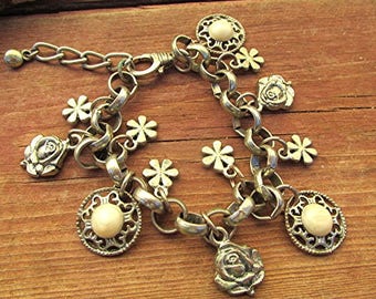Vintage charm bracelet chunky charm bracelet rose flower belcher chain silver tone chain bracelet hippie bracelet gift costume jewelry.