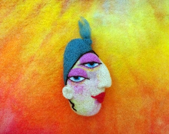 Needle felted brooch, collectible brooch, OOAK, needle felted face, fibre arts, felting, brooch, gift, Woolly Felters, Judy Balchin,