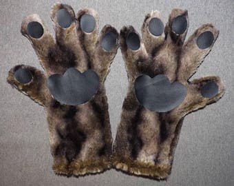 Safari Fur Winter Paws Gloves Mittens Handmade-Faux Fur-Cat Cosplay Costume Neko Furries-Dark Striped Inner Black- Anime