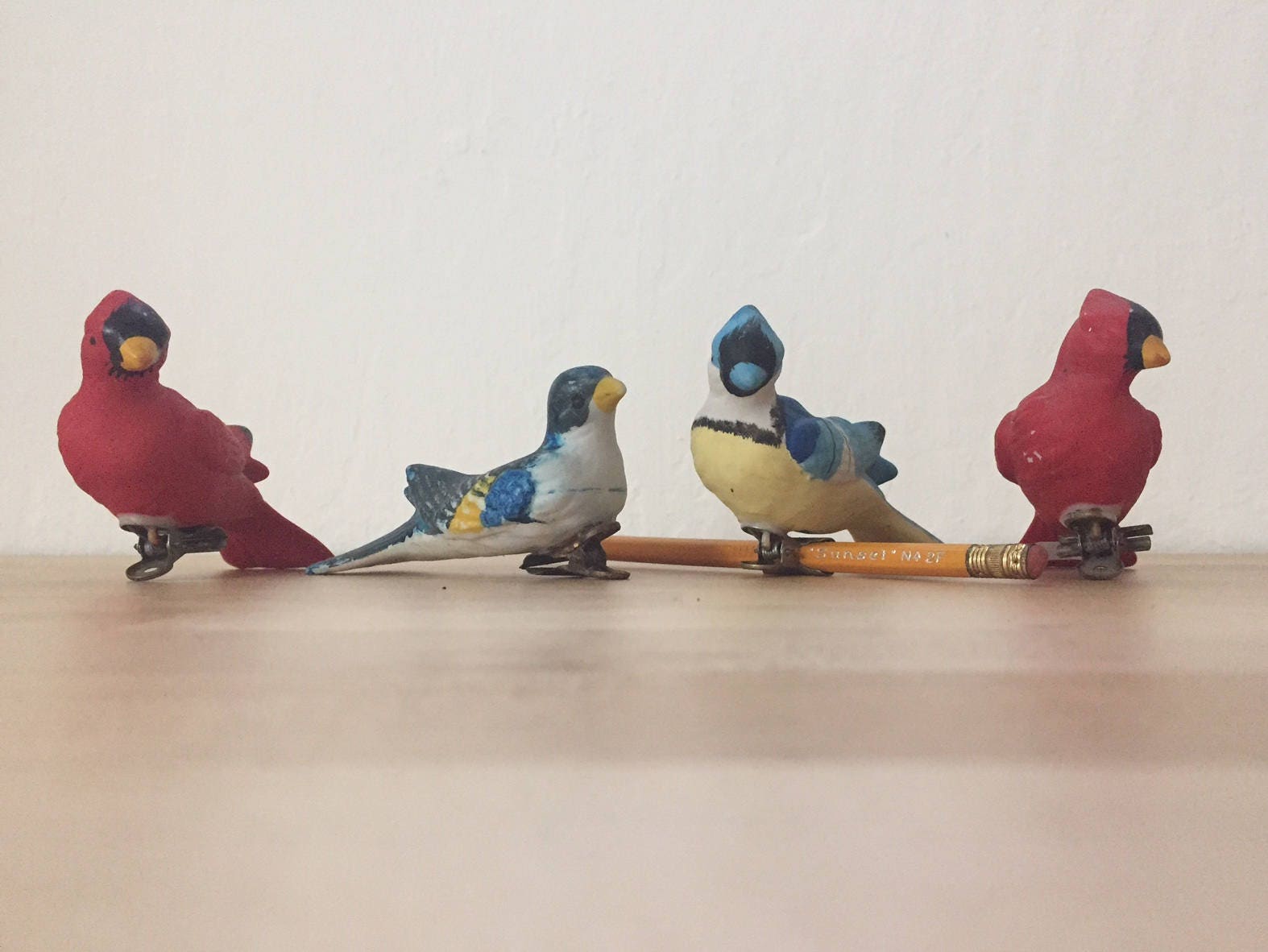 Vintage 1960s Ceramic Birds ClipOn Tree Red Cardinal Blue Jay