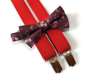 burgundy bow tie & red suspenders maroon floral bowtie for toddler suspenders groomsmen suspenders father suspenders son matching bow ties