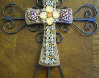 Iron and ceramic jeweled vintage cross wall hanging