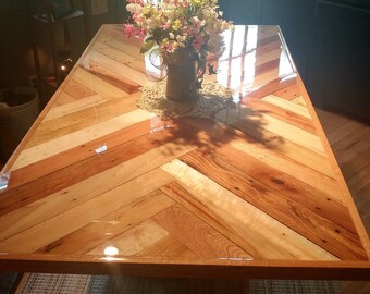 Dining Table and Base, Reclaimed Pallet Top with Herring Bone and Chevron Pattern Table Top