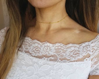 gold rain drop beaded choker - satellite chain, minimal, delicate, dainty, Satellite Bead Choker, Satellite Chain, Rosary Bead Choker