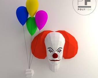 Pennywise Stephen King (It origami, 3D Evil clown, Papercraft, Lowpoly, DIY template, PDF, You'll float too, Losers Club, Evil killer clown)