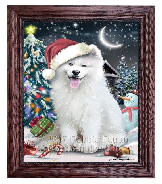 Holly Jolly Christmas Holiday Samoyed Dog Wearing Santa Hat