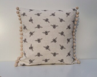 Bumble Bees Cushion Cover with pom poms, grey bees in cream, cream pom poms, 41cm x 41cm