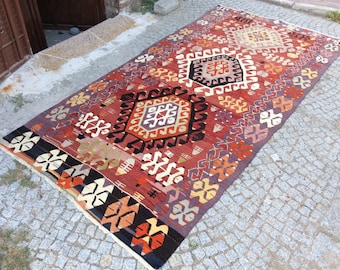 Turkish Kilim rug, Bohemian Rug, vintage rug, turkish Kilim, Turkish Rug, handwoven rugs, vintage kilim rug, Small Kilim Rug, Rugs 5x10