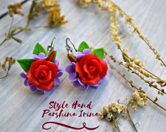 Rose earrings, red roses, red earrings, red pendant, rose pendant, cold porcelain, flower earrings, flower earrings, earrings, gift, for her