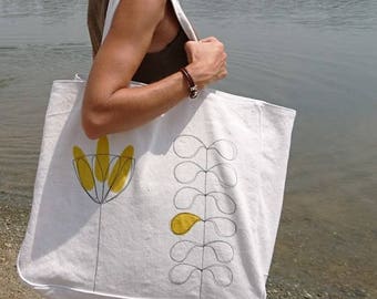 Beach bag in mustard yellow white vintage recycled, stylized floral design fabric
