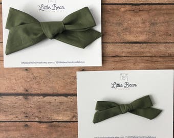 Army Green Hand-tied Bow, Choose Oversized or Petite, girl bow, toddler bow, baby bow, headband or clip