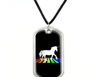 Unicorn Crossing Rainbow Military Dog Tag Pendant Necklace with Cord