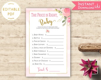 The Price is Right Editable PDF Baby Shower Game Printable Floral Pink Blush Gold Baby Shower Digital Pri