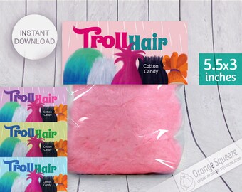 INSTANT DOWNLOAD, Trolls Cotton Candy Label, Treat Bag Toppers, Trolls Hair, Trolls Theme, Trolls Party, Trolls Favor labels, Birthday Party