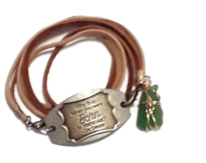 Strappy bracelet - Dr Seuss Quote - Medallion - green beach glass charm with tan leather laces and lobster claw closures