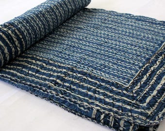 Vintage Kantha indgo Hand Stitched Quilt, 100% Indian Cotton, Bohemian Boho Block Printed Blue White Coverlet QUEEN Size, IKQ#61