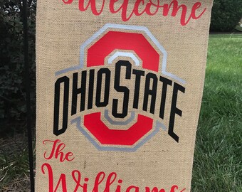 Personalized Ohio State University Garden Flag, Buckeye Home, OSU, Burlap Garden Flag, Welcome Flag, Ohio State Buckeyes Flag