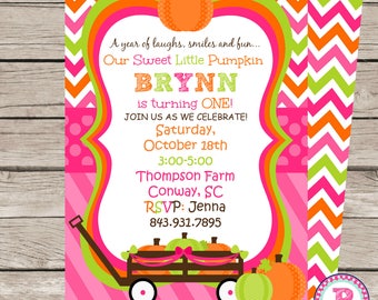 First Birthday Party Invitation Pumpkin Patch Our sweet Little Pumpkin is turning One Fall Harvest Halloween Front Back Digital File Prints