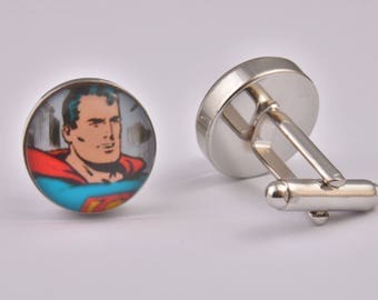 Comic Book Retro Superman Cufflinks Superhero Exclusive Cool Colourful Silver Wedding Prom Black Tie Gift Jewellery Accessories Men