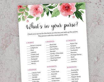 What's in your Purse, Printable Shower Game, Bridal Shower Games, Purse Hunt Game, Whats in your Bag, Purse Raid Game,Floral Bridal, GFBS4