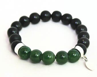 Mala Bracelet, Jade, Prayer beads, Spiritual gift, sterling silver, 925s, ebony wood, dark wood, elastic.